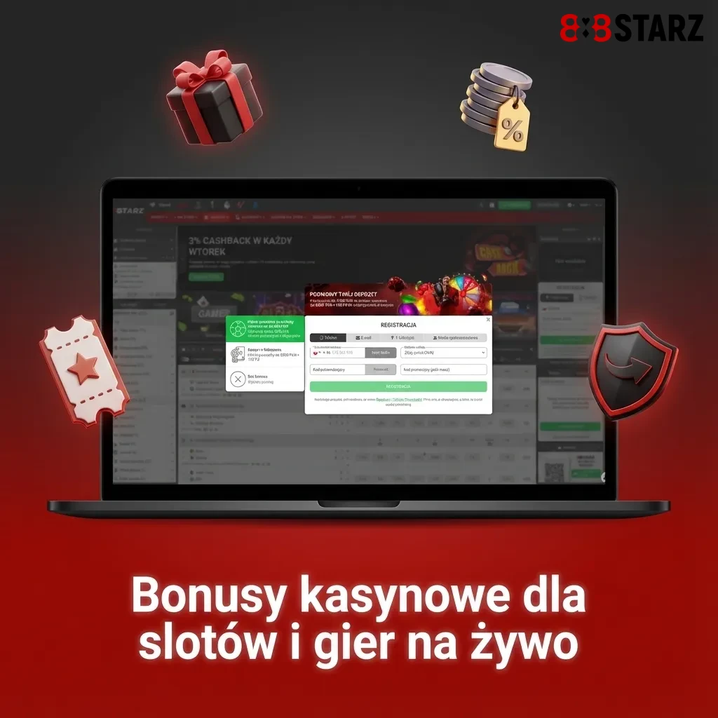 Grafika promująca bonusy kasynowe: reload, darmowe spiny, cashback i turnieje na sloty oraz gry na żywo