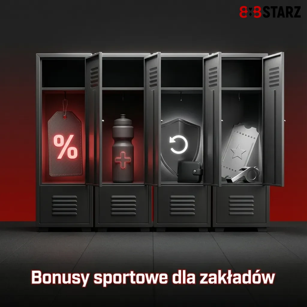 Baner „Bonusy sportowe”: ikony piłki, tenisa, e-sportu oraz napisy bonus powitalny, AKO, cashback, promocje turniejowe