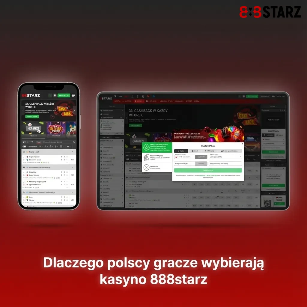 Polski gracz korzysta z kasyna 888starz na laptopie i smartfonie, w tle ikony gier, bonusów i metod płatności PLN