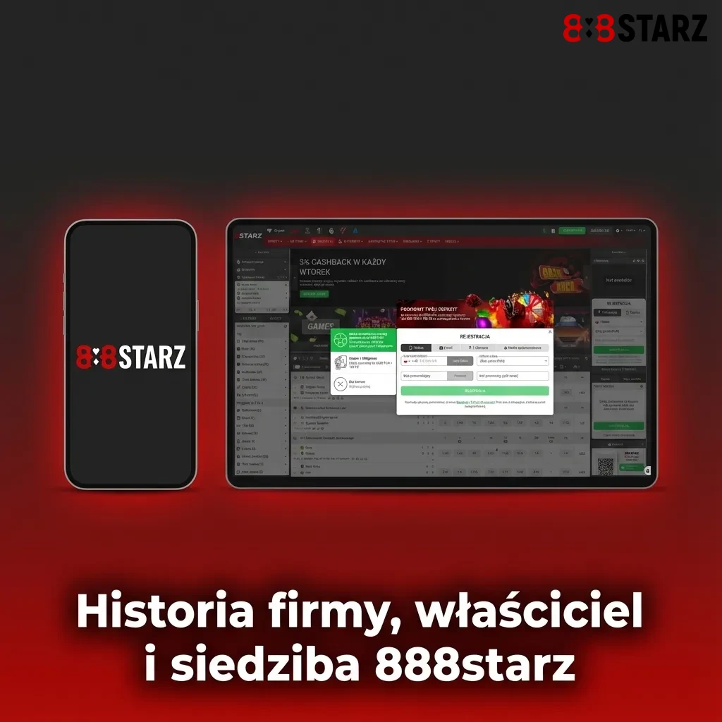 Infografika o historii 888starz, licencji zagranicznej, właścicielu spółki i głównej siedzibie poza Polską