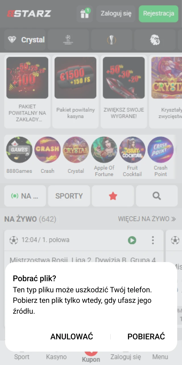 Zezwól systemowi na zapisanie pliku, klikając przycisk potwierdzenia w komunikacie przeglądarki dla aplikacji 888starz.