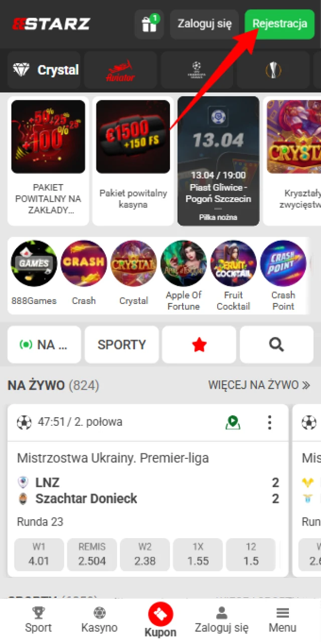 Uruchom nowo zainstalowaną aplikację 888starz na swoim urządzeniu i kliknij widoczny przycisk zakładania konta.
