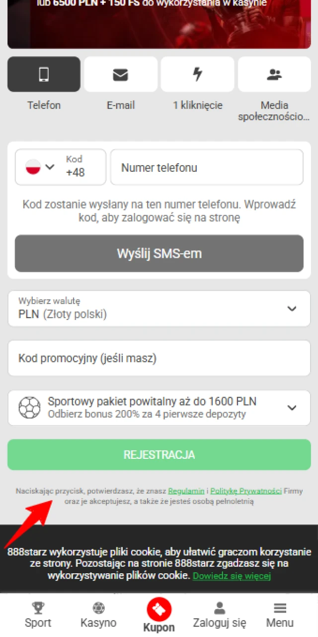 Stwórz silne i unikalne hasło do swojego konta 888starz oraz potwierdź akceptację zasad korzystania z platformy.