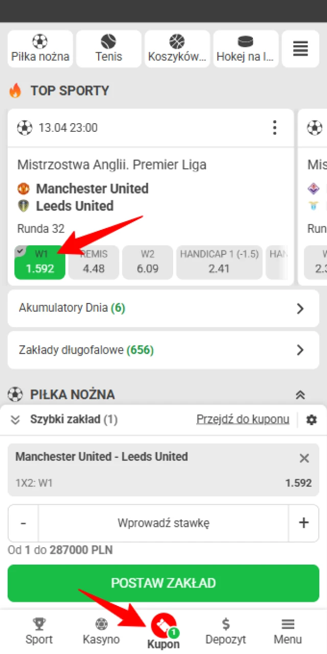 Kliknij wybrany kurs przy danym wyniku, aby automatycznie przenieść go na swój kupon bukmacherski w 888starz.