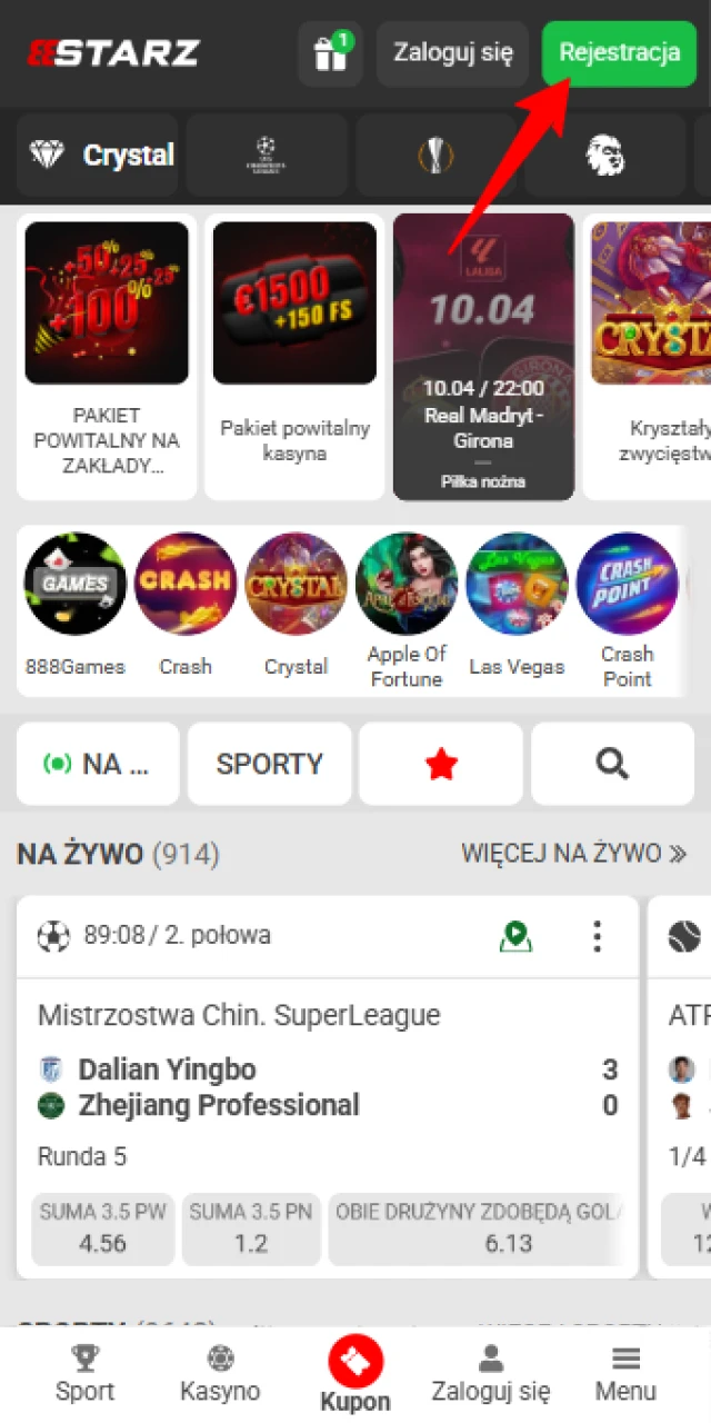 Rozpocznij proces dołączenia do 888starz, klikając widoczny przycisk rejestracji.