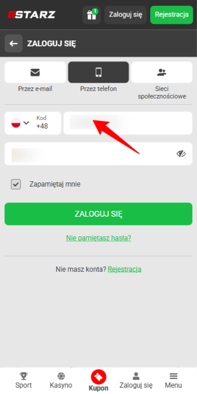 Uzupełnij wymagane pola, takie jak adres e-mail lub ID oraz unikalne hasło do profilu 888starz.
