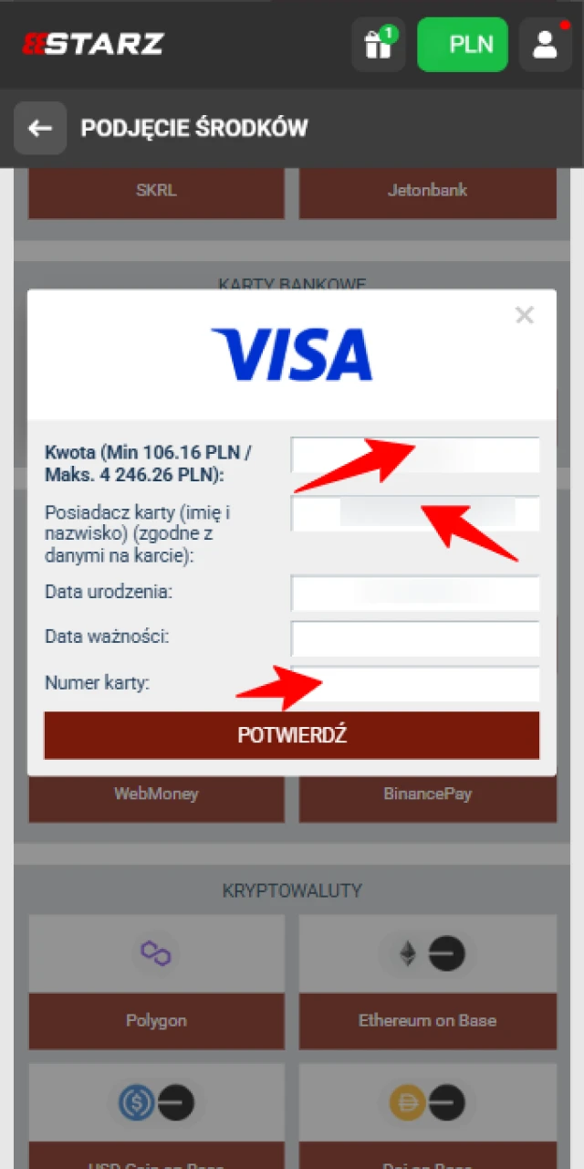 Wpisz kwotę transakcji w 888starz, wybierając depozyty i wypłaty gotówki.