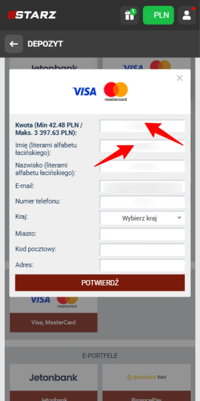 Wprowadź sumę doładowania w 888starz i kontroluj depozyty i wypłaty.
