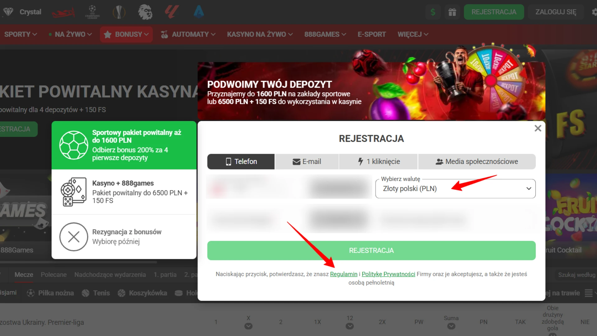 Określ walutę oraz zaakceptuj zasady, aby założyć konto w 888starz.